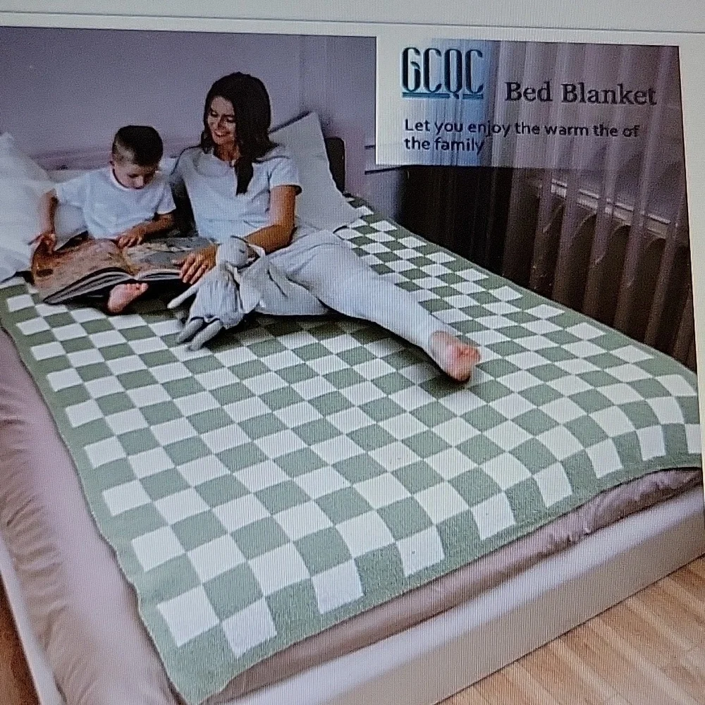 GCQC sage green white check throw blanket knitted checkerboard fluffy fur New…